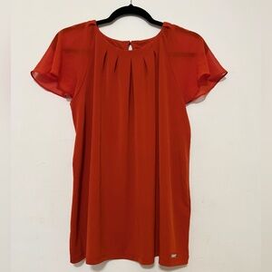 Calvin Klein Burnt Orange Pleated Flutter Sleeve Blouse - Size L Terracotta top